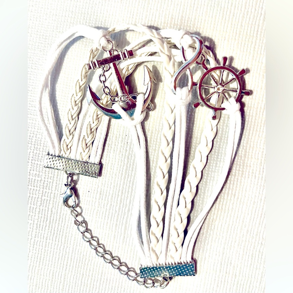 Women Adjustable Infinity Love, Anchor, Ship Wheel Bracelet White, Charm Braided